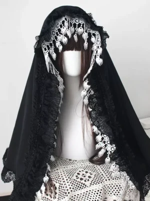 Black Gothic Lolita lace hooded veil with white hollow lace trim on mannequin front view, featuring intricate lace tablecloth styling