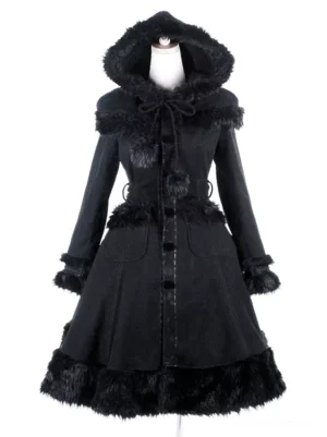 Black gothic lolita hooded winter overcoat with faux fur trim front view mannequin display