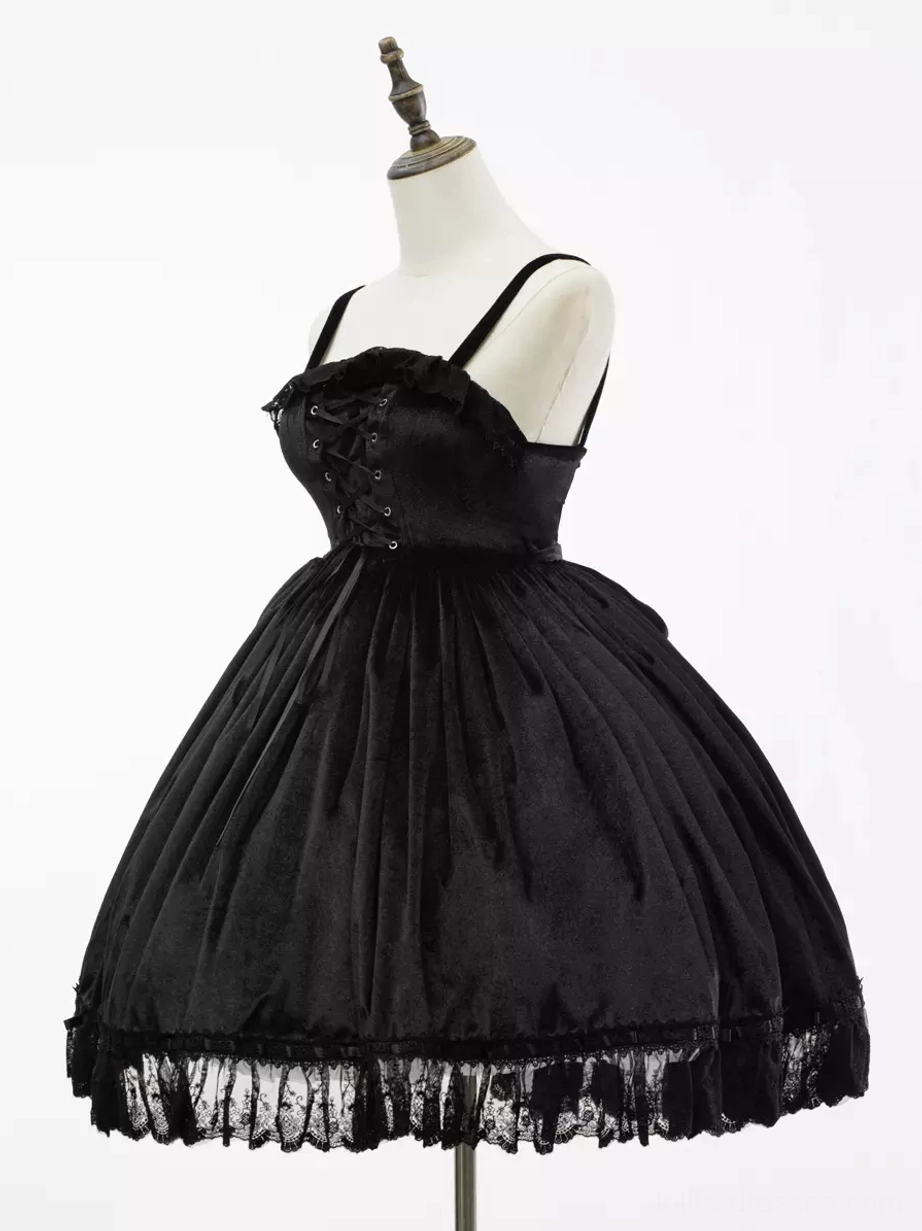 Black gothic lolita jsk dress detail shot lace-up corset construction quality embellishments