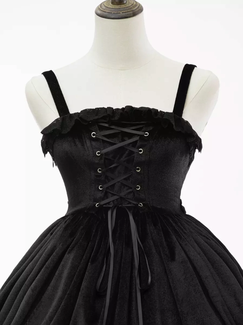 Black gothic lolita jsk dress flared lace sleeve detail construction quality fabric