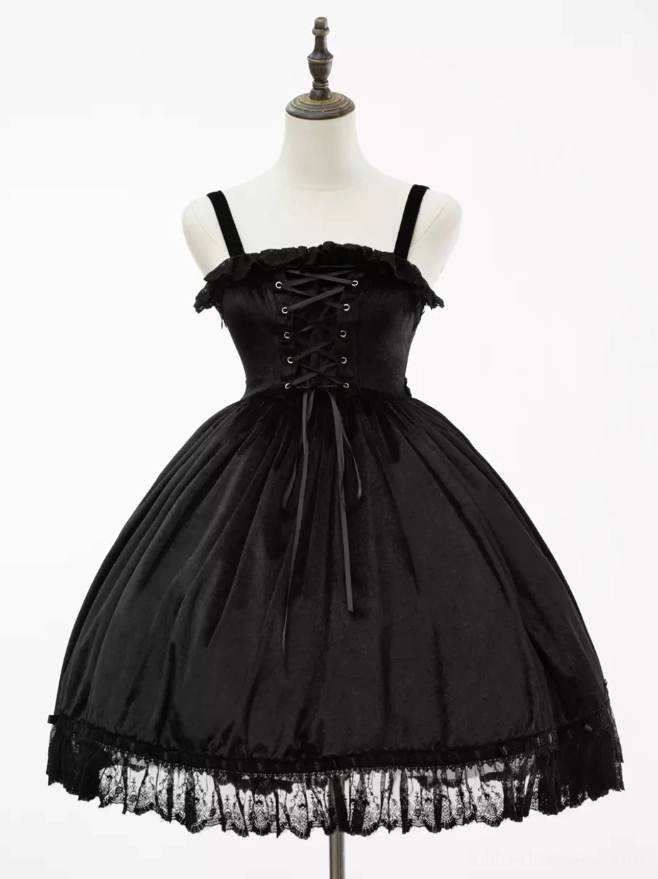Black gothic lolita jsk dress form display front view spaghetti straps corset bodice ruffled lace hem