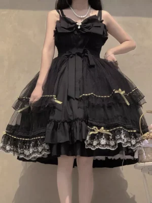Black Gothic Lolita JSK dress front view with large decorative bow and tiered tulle skirt