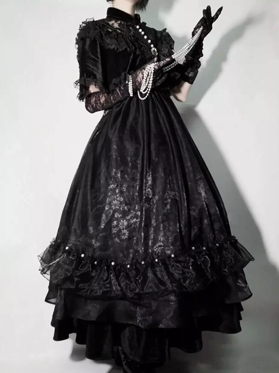 Black gothic lolita dress front side view featuring ruffle lace details pearl neck trim shiny jacquard layered skirt construction