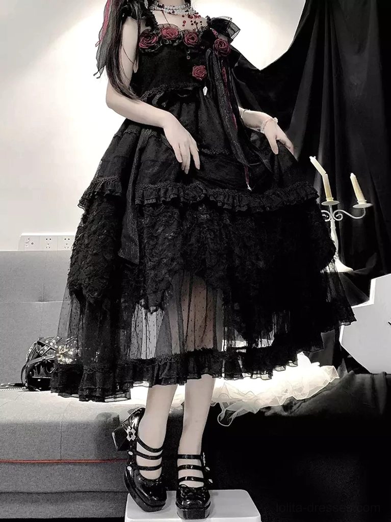 Black gothic lolita jsk dress full body front standing view with platform heels and matching hair ribbons