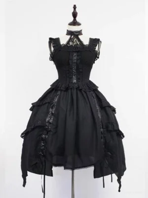 Black Gothic Lolita JSK Dress with Lace Halter Collar Front View - Ruffled Shoulder Straps and Ruched Bodice with Layered Asymmetric Skirt