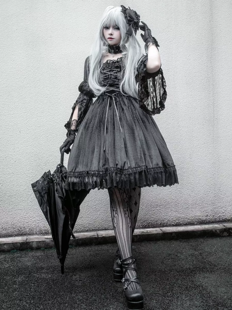 Black gothic lolita jsk dress full front view model silver hair concrete wall umbrella