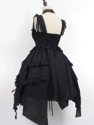 Black Gothic Lolita JSK Dress Back View - Open Back Design with Shirred Waist, Drawstring Details and Handkerchief Hem