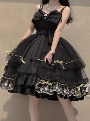 Black Gothic Lolita JSK dress rear three-quarter angle showing layered skirt and lace hem details