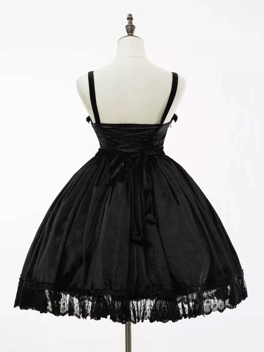 Black gothic lolita jsk dress ruffled hem lace trim detail quality construction close-up