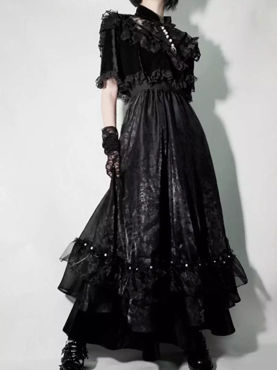Black gothic lolita long dress side front view with black lace glove ruffle cape trim pearl-decorated layered hem styling