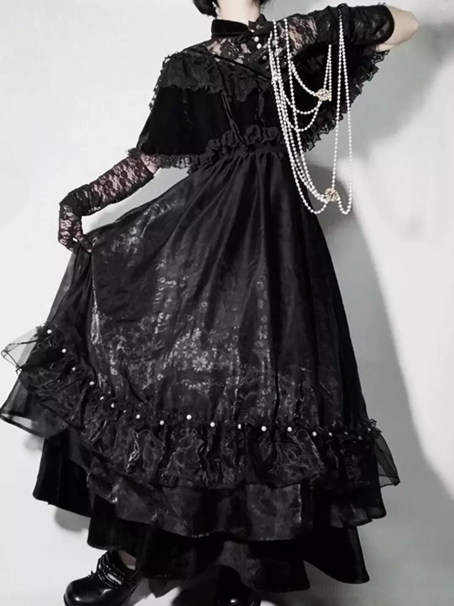 Black gothic lolita long dress side view showcasing pearl chain decoration lace gloves pearl-trimmed ruffle hem
