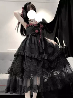 Black Gothic Lolita jumper dress front view with square ruffled neckline and layered ruffled mesh skirt details