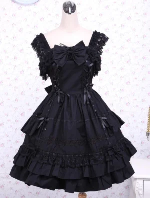Black Gothic Lolita Jumper Skirt front full view sleeveless JSK tiered ruffles lace trim chest bow