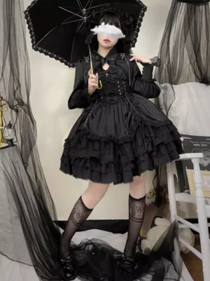 Black gothic lolita sleeveless JSK jumper dress front view with multi-layer ruffled skirt and corset bodice