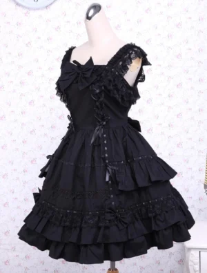 Black Gothic Lolita JSK front three-quarter angle off-shoulder lace straps ribbon lacing details