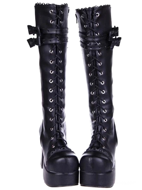 Pair of black Gothic Lolita knee-high platform boots with side bow straps, lace-up fronts, and thick block heel platform - outer side paired view