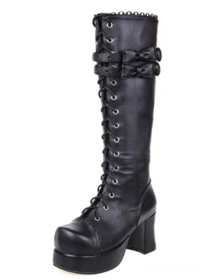 Black Gothic Lolita knee-high platform boots featuring lace-up front, bow ankle strap, scalloped metal collar, and chunky block heel - left three-quarter view