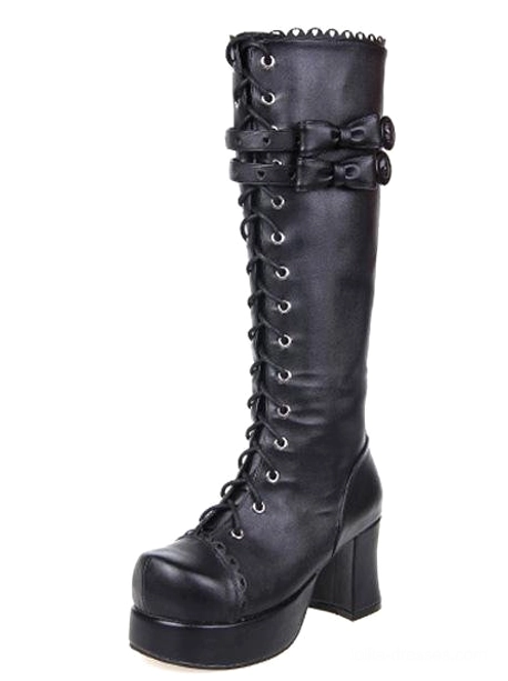 Black Gothic Lolita knee-high platform boots featuring lace-up front, bow ankle strap, scalloped metal collar, and chunky block heel - left three-quarter view