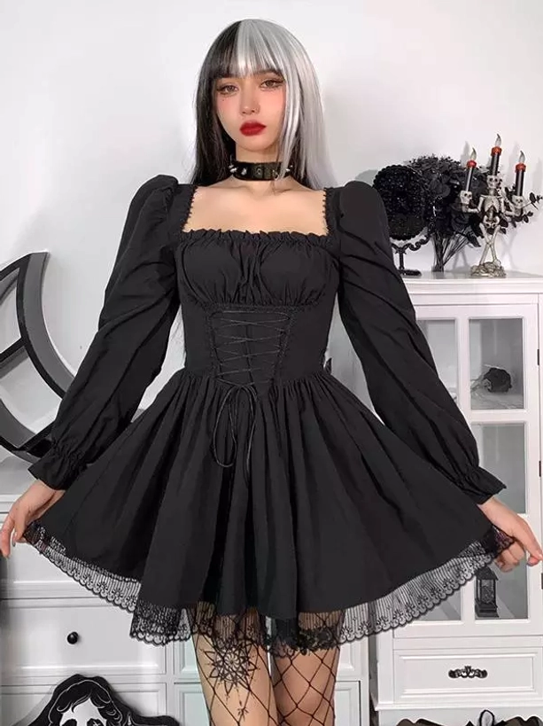 Black gothic lolita lace-up corset dress full front body view, square neckline, voluminous puff sleeves, ruffle lace hem with fishnet stockings