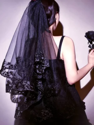 Black lace mesh gothic lolita veil headpiece back view worn with black camisole and rose accessory, double-layer tulle with floral embroidery lace trim