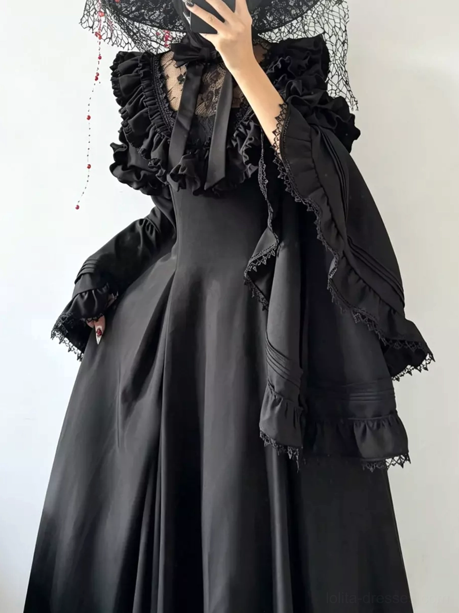 Black gothic lolita long dress high neck ruffled sleeves floor length skirt detail view
