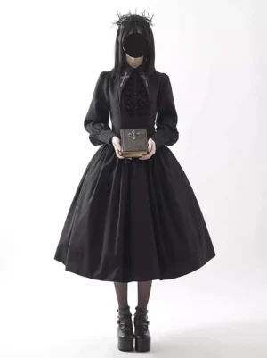 Black Gothic Lolita long sleeve ruffle midi dress front full-body view, featuring cascading chest ruffles, puff sleeves, high-waisted silhouette, and flowing A-line skirt on model holding vintage book