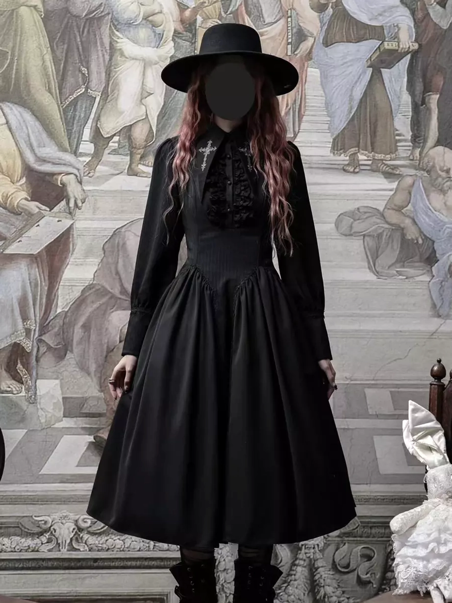 Black Gothic Lolita long sleeve ruffle dress featuring complete silhouette with puff sleeves, A-line midi skirt, high waist, ruffled details, and Victorian-inspired Gothic aesthetic