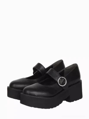 Black gothic lolita Mary Jane platform pumps front three-quarter view showing smooth PU leather upper, silver round buckle strap, and chunky block heel - authentic lolita footwear design
