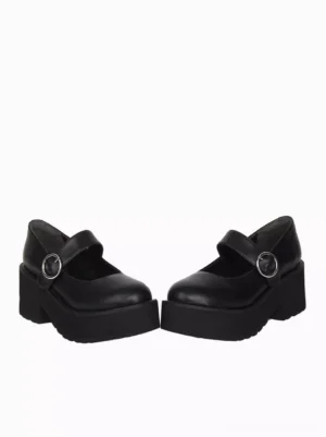 Black Mary Jane platform shoes side three-quarter angle displaying silver circular buckle closure, thick platform sole, and elegant pointed toe silhouette perfect for gothic lolita fashion