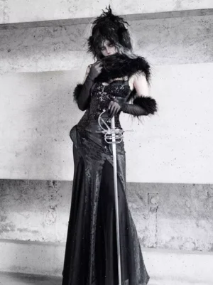Black gothic lolita mermaid dress rear three-quarter view with fur shawl and floor-length skirt
