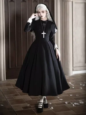 Black nun-style gothic lolita OP dress full front view with white-trimmed cuffs, cross necklace, and nun headdress in church setting