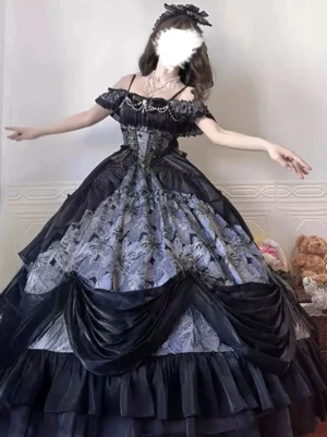 Black Gothic Lolita one-shoulder slip dress with silver floral print, pearl bust decoration and ruffled layered hem, full-body front view on model