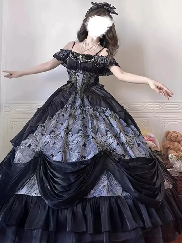 Black Gothic Lolita one-shoulder slip dress with silver floral print, pearl bust decoration and ruffled layered hem, full-body front view on model