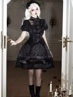 Black gothic lolita OP dress full body front view with sheer stand collar, cross print pattern, and lace frills