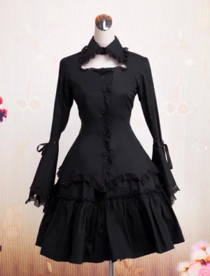 Black Gothic Lolita OP dress front view with hime sleeves, lace trims, and tiered ruffled skirt on dress form