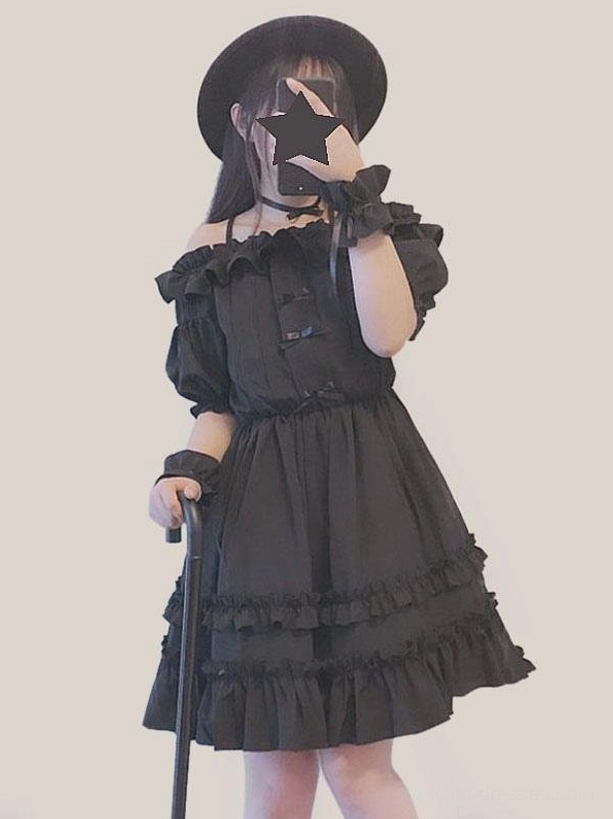 Black Gothic Lolita OP dress off-shoulder ruffled neckline layered ruffled skirt front mirror selfie worn by model