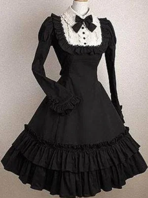 Black Gothic Lolita one-piece dress full front view with ruffled long sleeves two-tiered ruffled skirt black bow decorations white peter pan collar