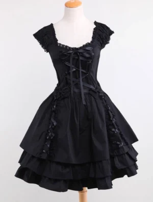 Black gothic lolita one-piece dress front view with square neckline tiered ruffle hem and ribbon lace-up waist detail