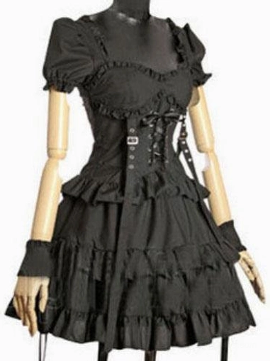 Black Gothic Lolita one-piece dress with sweetheart neckline and ruffled trim, featuring corset lace-up front, puff short sleeves, and multi-layer ruffled skirt, front view on mannequin
