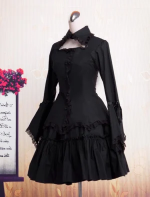 Black Gothic Lolita one-piece dress three-quarter front view with fitted waist, ribbon bow cuffs, and flared lace sleeves
