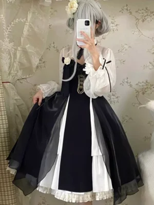 Gothic Lolita dress front mirror selfie with grey wig, black-white color blocking, puff sleeves, embroidered chest panel, and ruffled skirt edge detail