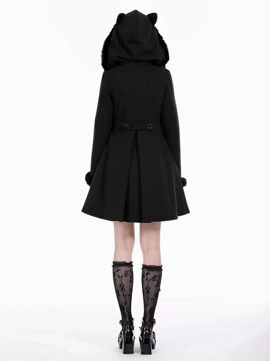 Black Gothic Lolita overcoat back full-body product shot without model displaying cat-ear hood with burgundy fur lining, back waist buckle and flared skirt