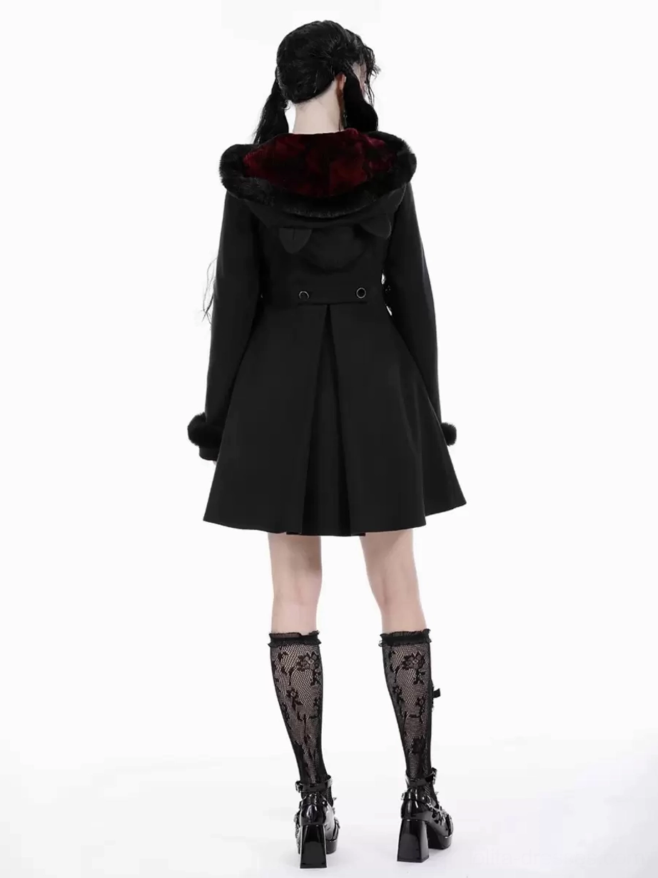 Black Gothic Lolita overcoat back full-body view showing burgundy fur-lined hood, back waist strap, flared A-line hem and fur-trimmed cuffs on twin-tail model