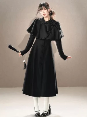 Black Gothic Lolita Overcoat with Tassel-Trimmed Cape Front Three Quarter Angle