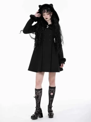 Black Gothic Lolita cat-ear wool overcoat front three-quarter view with fur trim hood and double-breasted buttons on female model with long curly hair