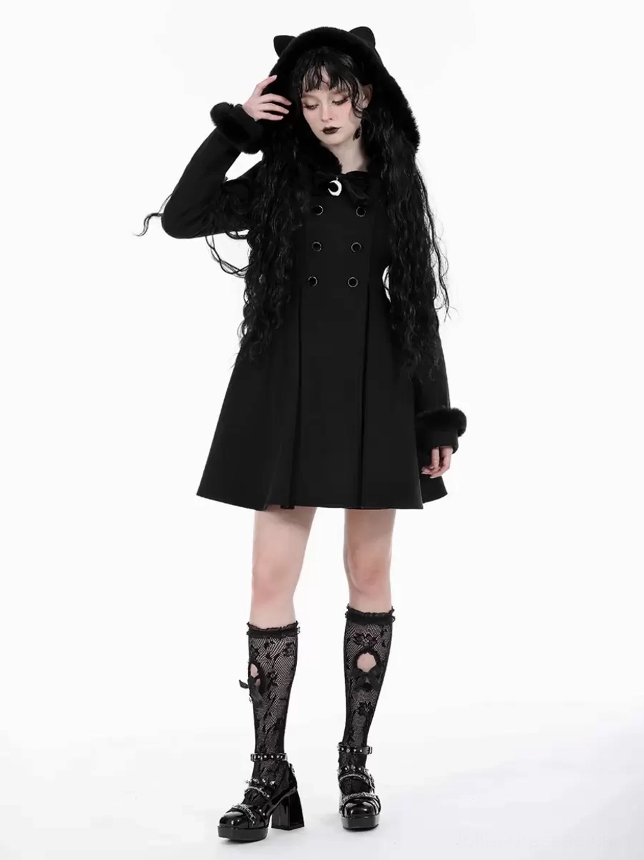 Black Gothic Lolita cat-ear wool overcoat front three-quarter view with fur trim hood and double-breasted buttons on female model with long curly hair