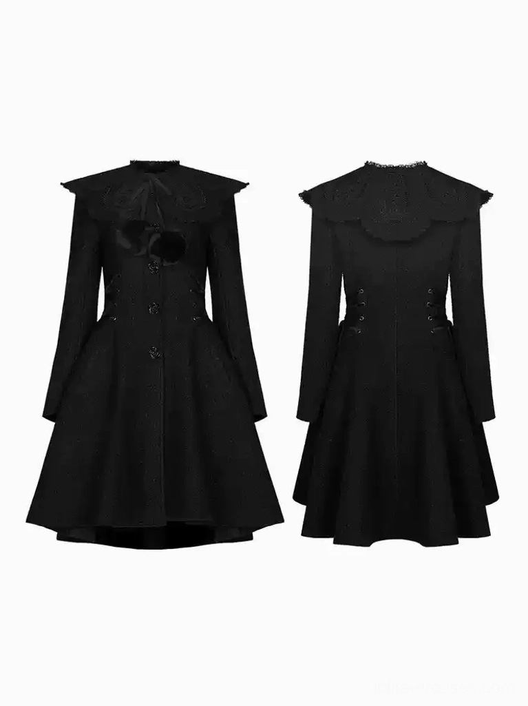 Flat lay product shot of black gothic lolita overcoat displaying front and back details, pom-pom decorated collar on front piece, plain back collar, side lace-up construction