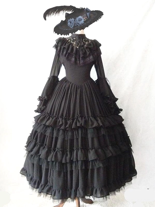 Black Gothic Lolita palace one-piece dress front flat display with long flare sleeves multi-layered ruffle skirt vintage aesthetic