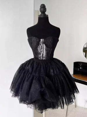 Black Gothic Lolita petticoat front view on dress form showcasing full tulle silhouette with lace-decorated details and voluminous multi-layered skirt construction