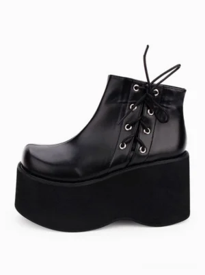 Single black gothic lolita platform boot showcasing shiny PU leather, thick flatform sole, tied ankle laces with metal grommets, and round toe cap design